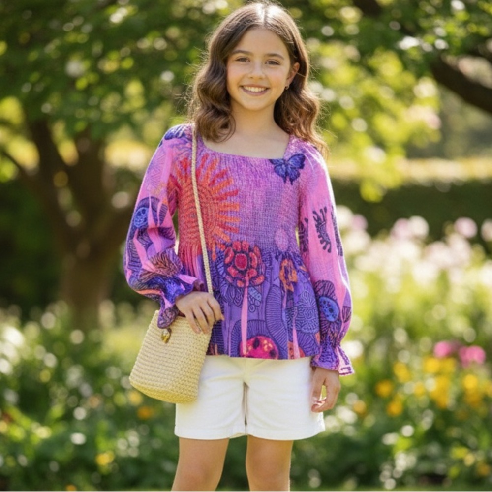 Girls Purple Floral long Sleeve Tee - Picture 2 of 8